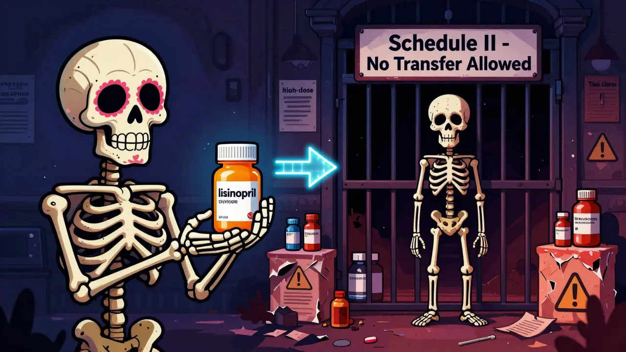 Divided scene: easy transfer of non-controlled meds vs. barred gate for Schedule II drugs in Day of the Dead aesthetic.