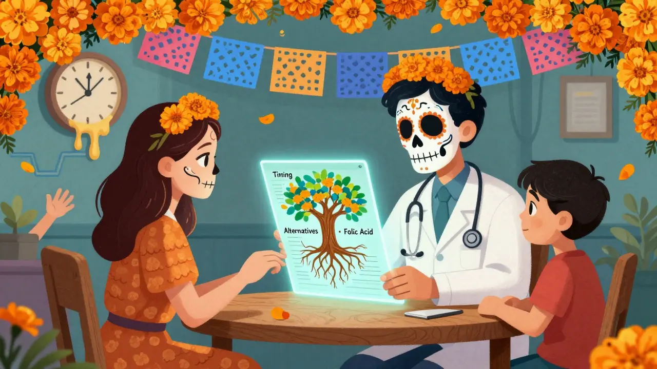 Doctor and patient reviewing a chart that becomes a tree of prevention under marigolds, with a future child reaching out.