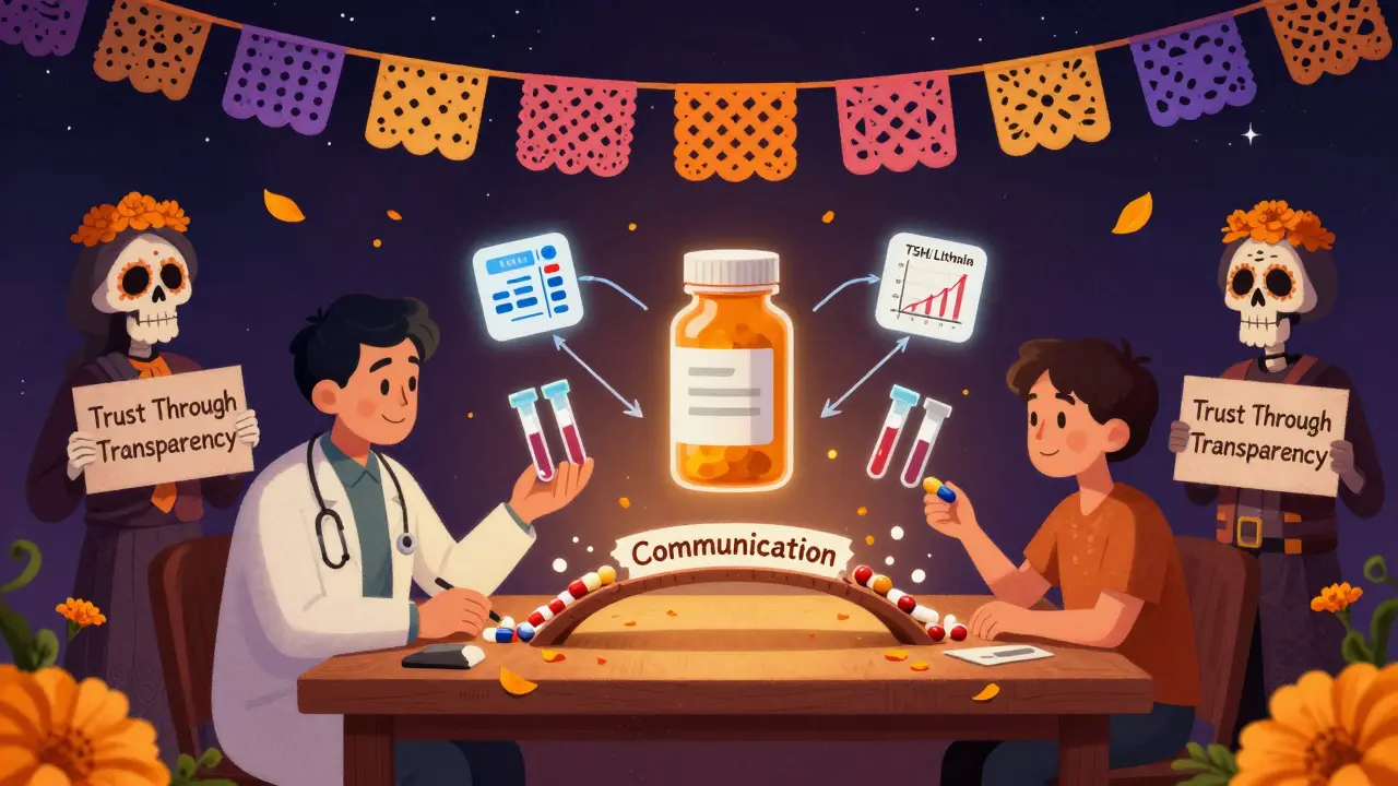 Doctor, pharmacist, and patient build a bridge of communication with floating medical alerts and marigold petals.