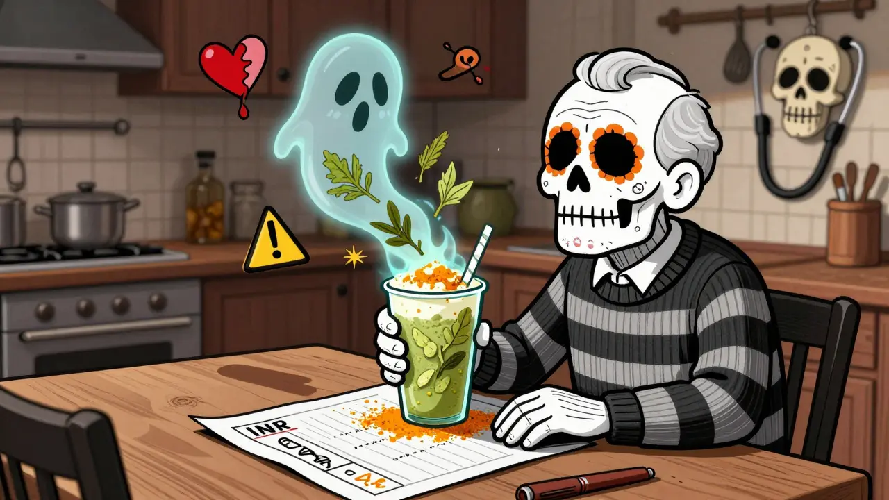 Elderly man drinking turmeric smoothie as ghostly herbs rise, with INR chart showing dangerous level in vibrant folk-art style.