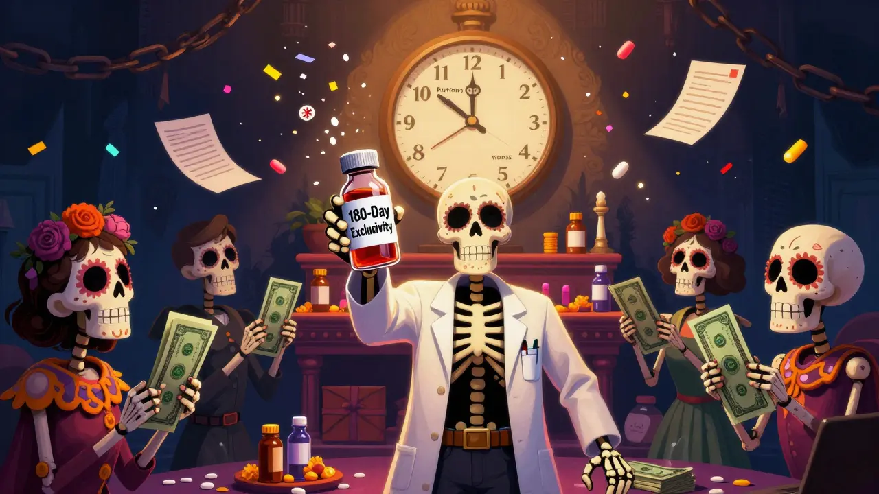 Generic drug skeleton celebrates 180-day exclusivity with cheering patients, shattering patent chains in the background.