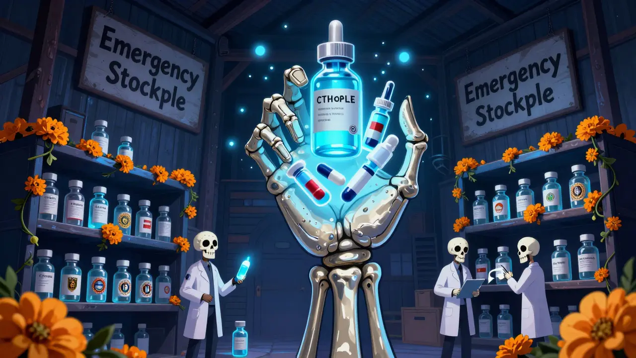 Giant skeletal hand holding life-saving vials from a stockpile warehouse, surrounded by glowing blue light and marigold vines.