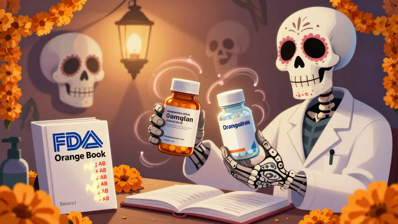 Hands comparing generic and brand pills with a spectral pharmacist watching, Orange Book glowing beside them.