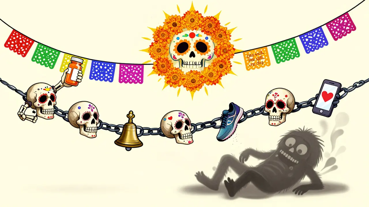 Interconnected skulls representing prevention tools rising into a marigold sun, with depression fading below in vibrant folk art style.
