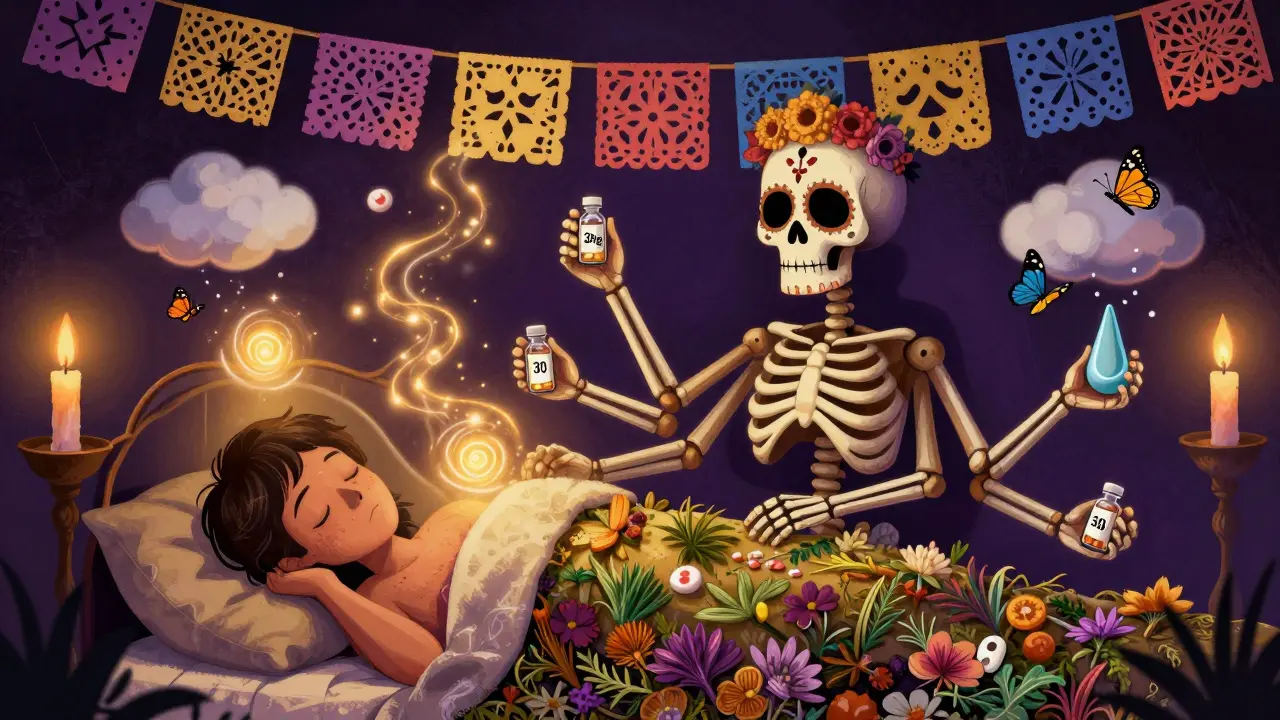 Multi-armed skeletal figure holding increasing aspirin doses as inflammation transforms into butterflies.