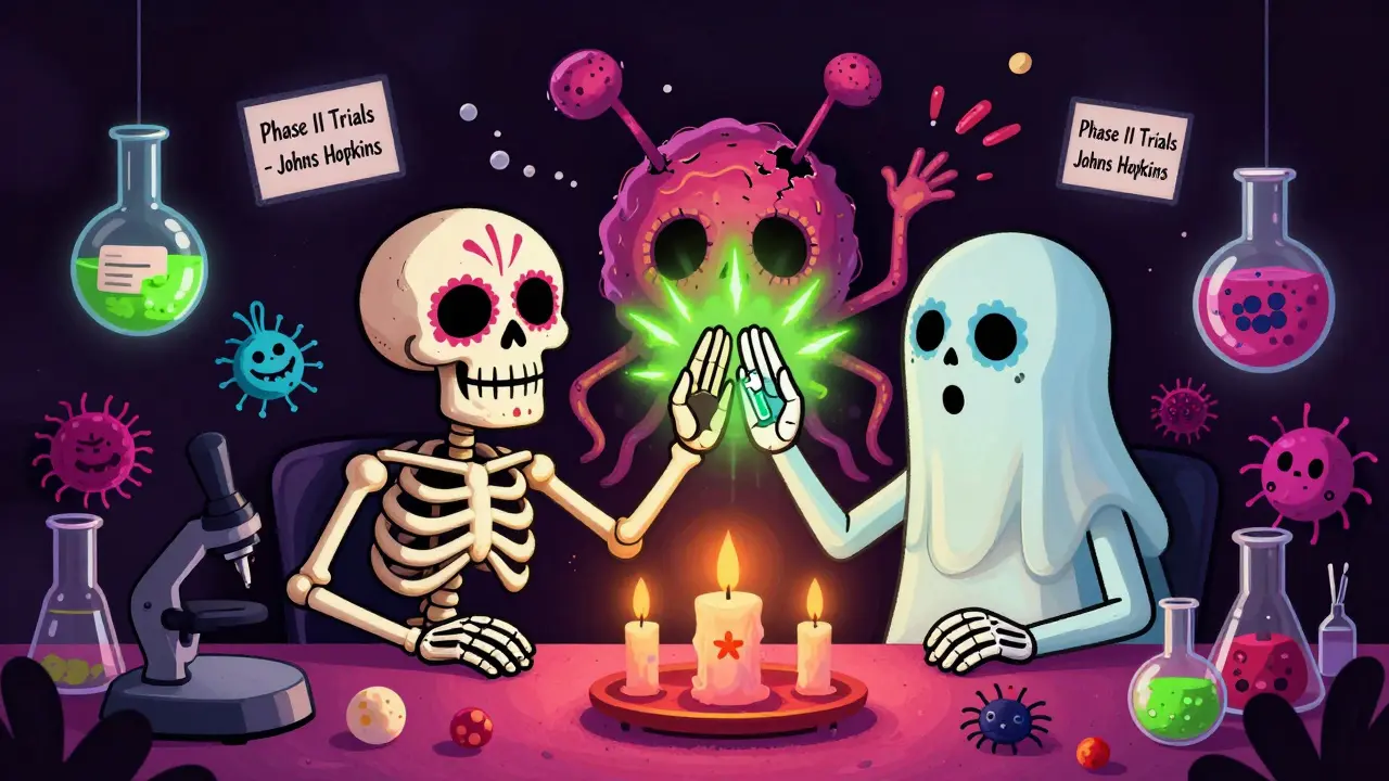 Omeprazole and fluconazole skeletons high-fiving as Candida fungus crumbles, glowing with antifungal boosters.