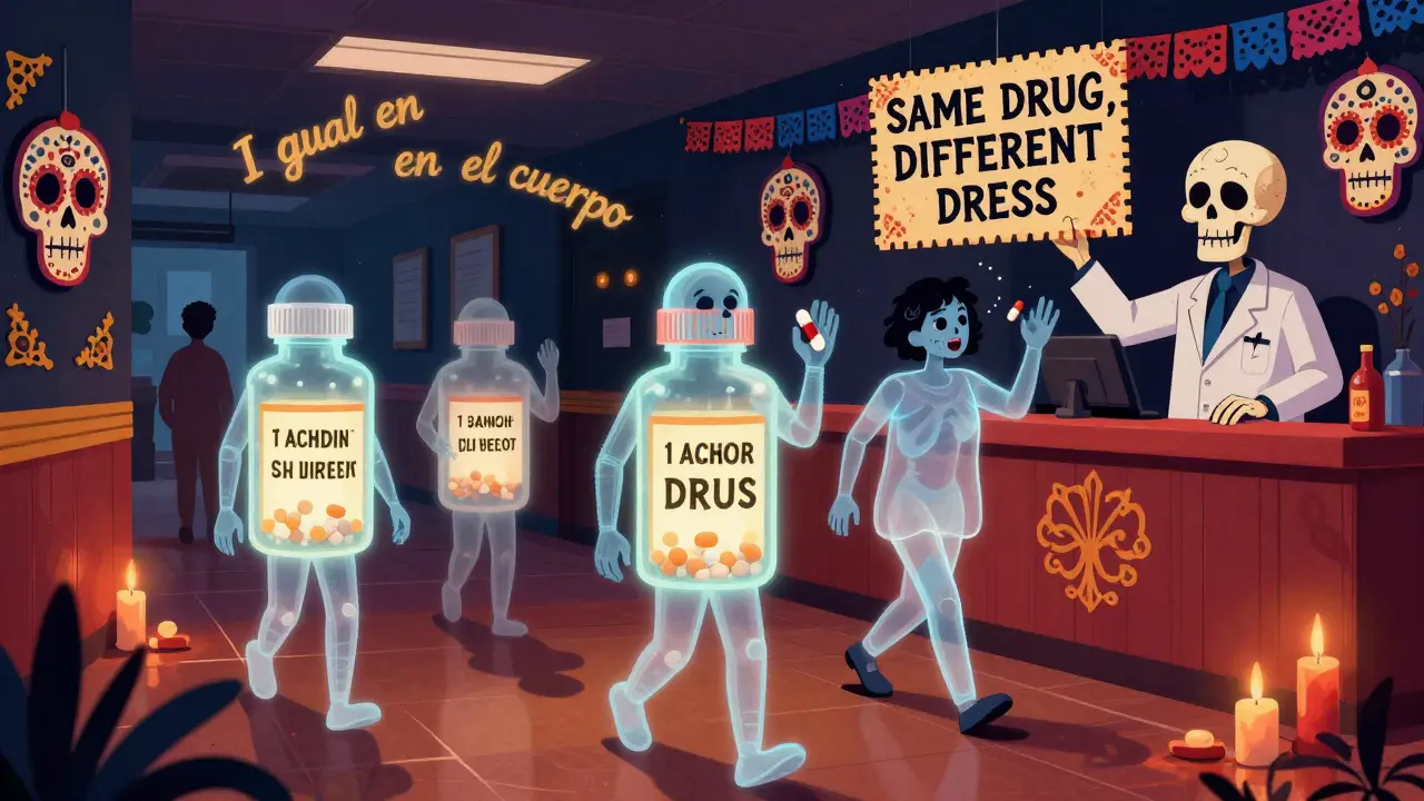 Patients walk past glowing generic pill bottles in a hospital hallway, each casting a shadow of its brand-name twin, with a pharmacist holding a sign in papel picado style.