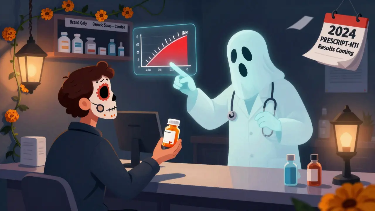 Pharmacist gives generic pill to patient while ghost doctor points to a rising INR graph in eerie light.