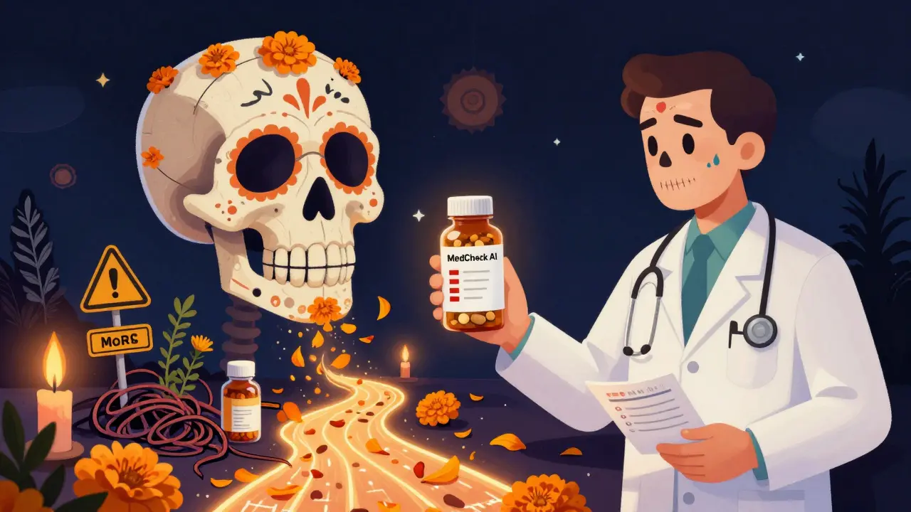 Pharmacist giving patient AI bottle as herb-filled skull turns to marigolds, symbolizing safe medication choices in Day of the Dead aesthetic.