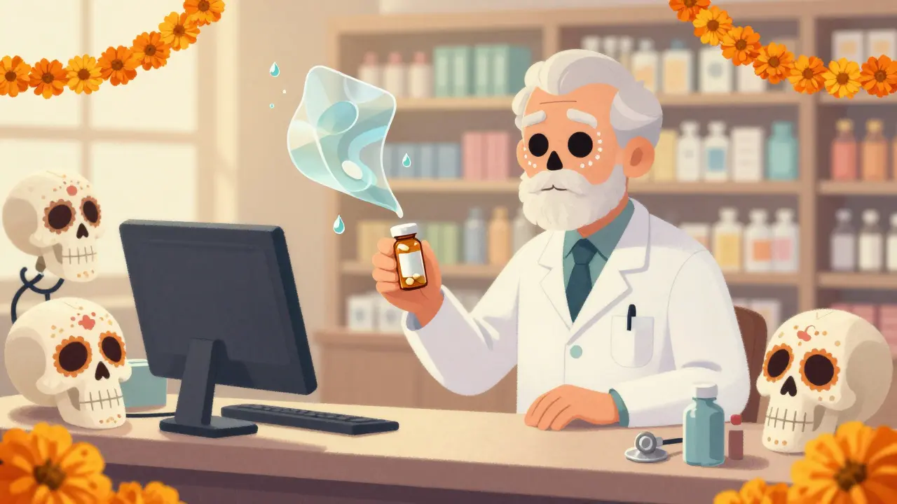 Pharmacist handing pre-split pills to a senior, with alternative medication forms floating nearby in a festive Day of the Dead scene.