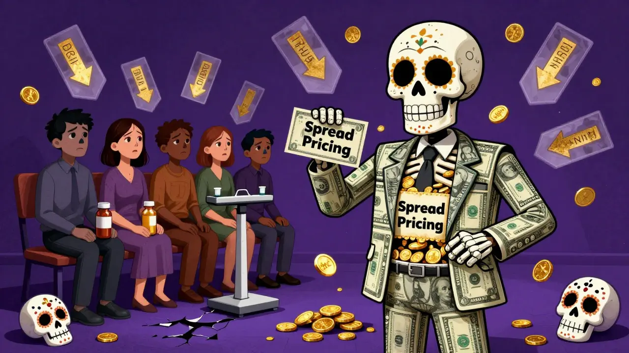 Skeletal PBM executive with dollar bill suit, coins pouring out as patients wait behind broken scales.