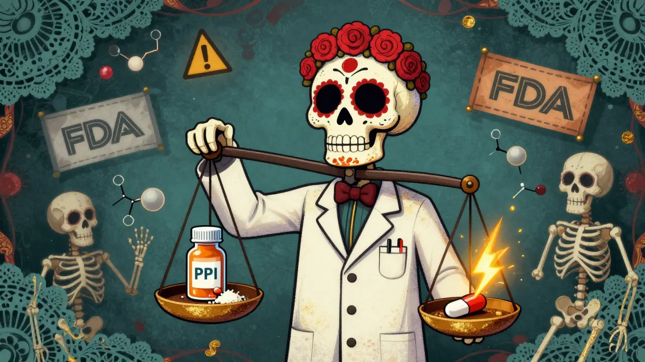 Skeletal pharmacist balancing PPI and antifungal pills, with warning lightning and enzyme skeletons in background.
