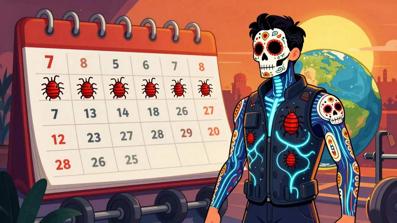Someone wearing a cooling vest with glowing blue fibers suppressing hives, while a calendar shows symptoms fading over years.