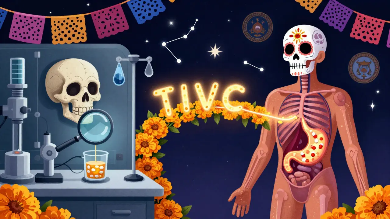 Split scene: lab dissolution test on one side, human body with drug pathway on the other, connected by a marigold vine bridge in Day of the Dead style.