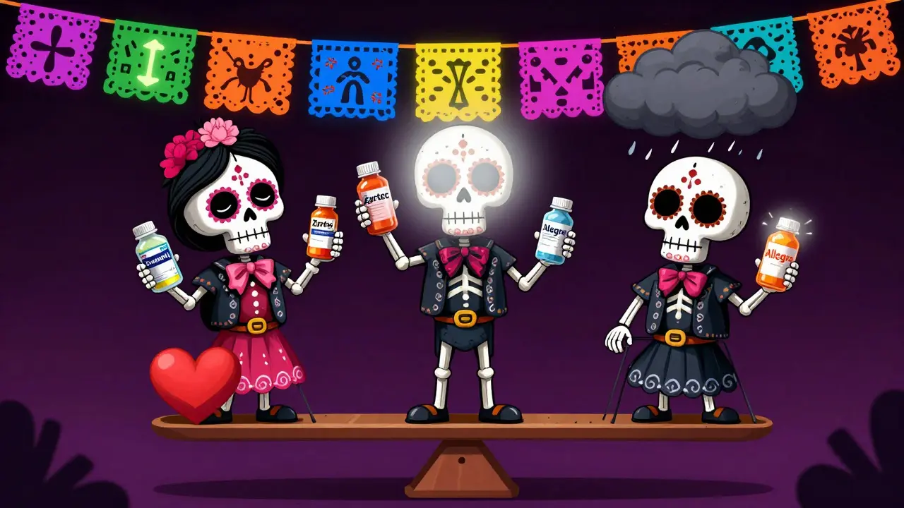 Three skeletal figures holding different antihistamine bottles, balanced against a hive storm, in vibrant Mexican folk art style.