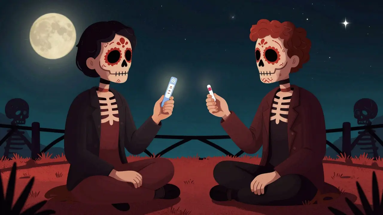 Two figures sharing a fentanyl test strip under the stars, with safe and unsafe symbols glowing softly.