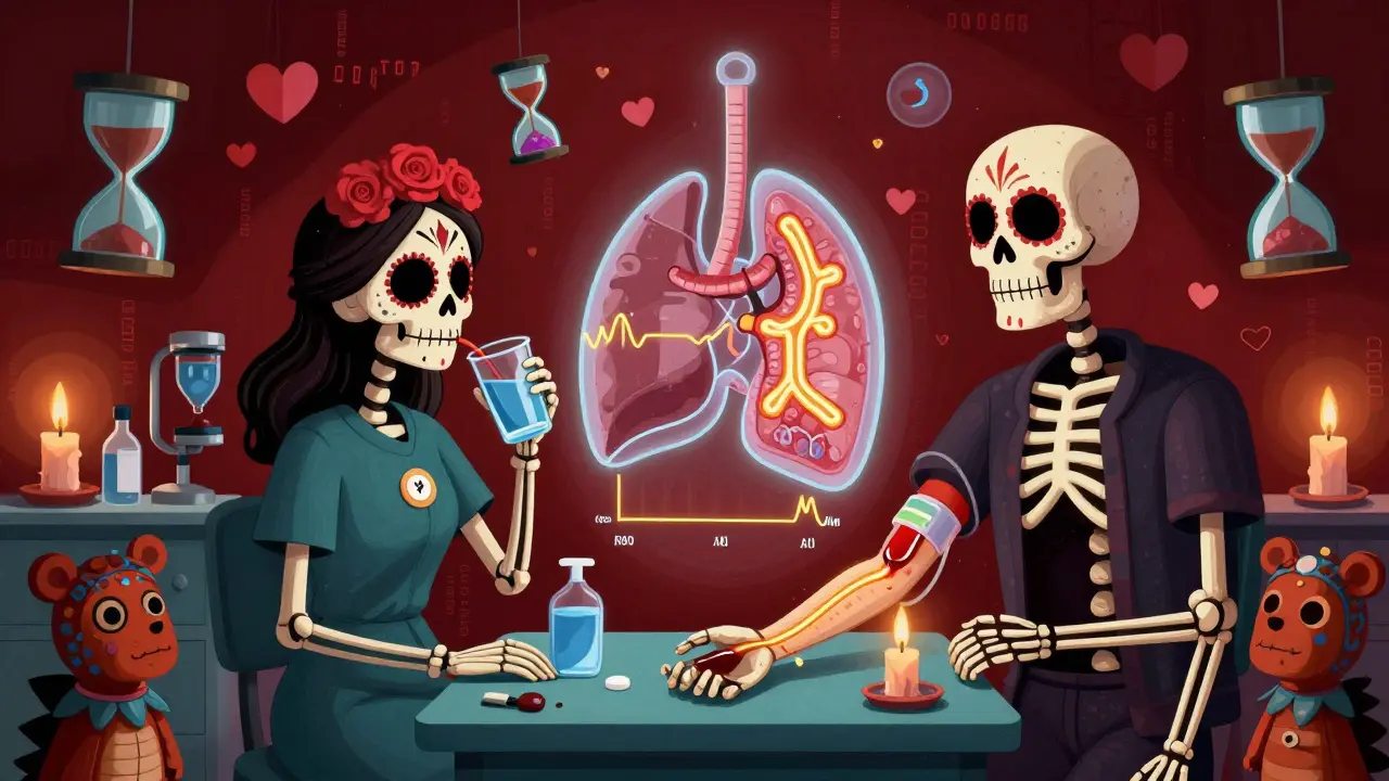 Two skeletal volunteers in a clinic with glowing bioavailability curves and organs, illuminated by candlelight in vibrant colors.