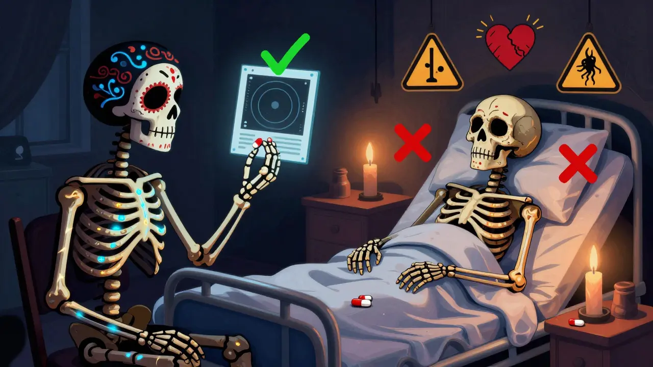 Two skeletons contrast: one safe with metformin, another at risk with heart failure and dehydration symbols, rendered in alebrije patterns.