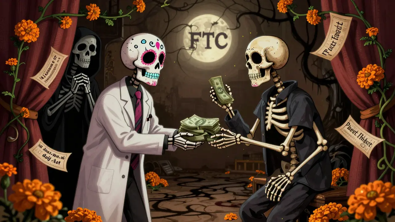 Two skeletons making a pay-for-delay deal under watchful FTC eyes, surrounded by floating patents and marigold vines.