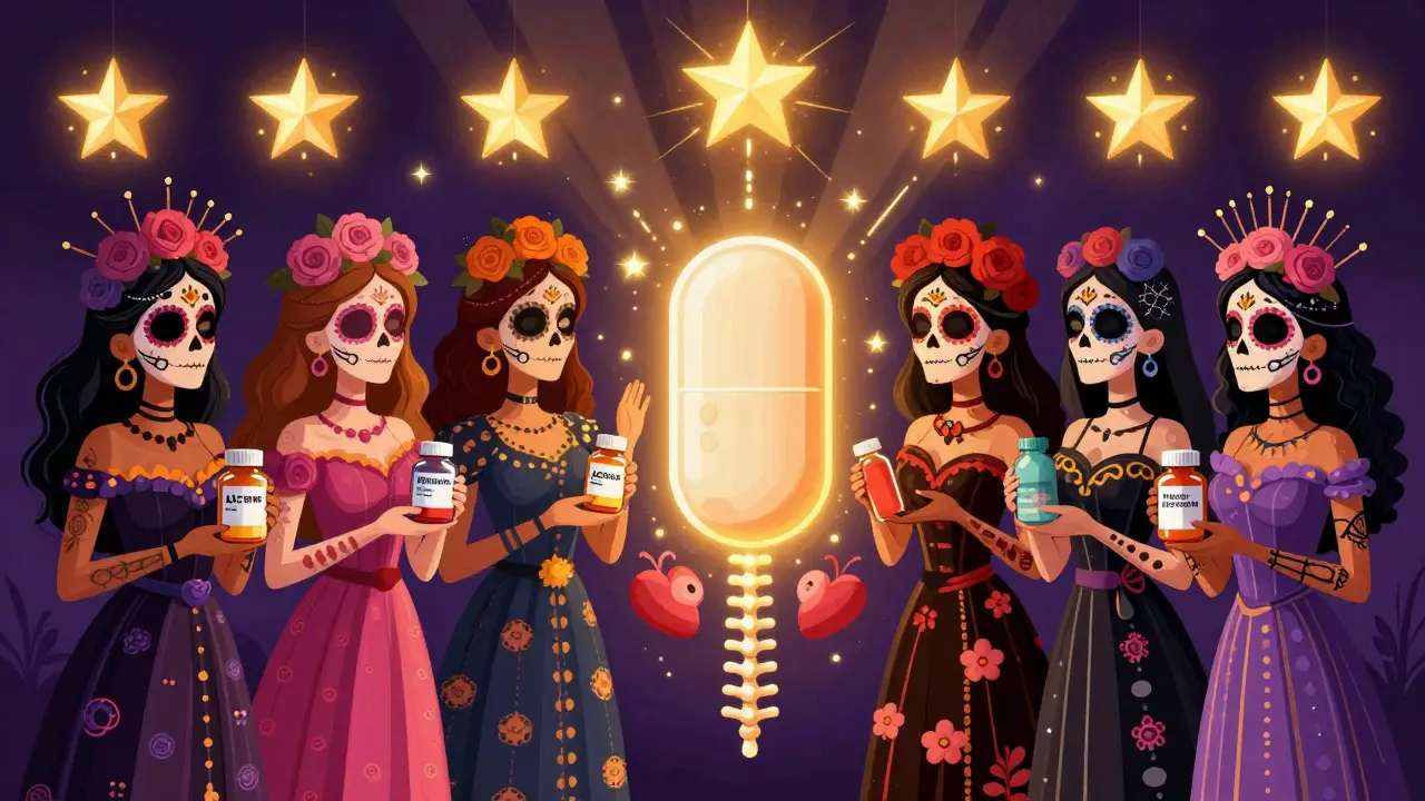 Women in Catrina attire surrounded by medications and glowing safe alternatives, with a shining folic acid tablet.