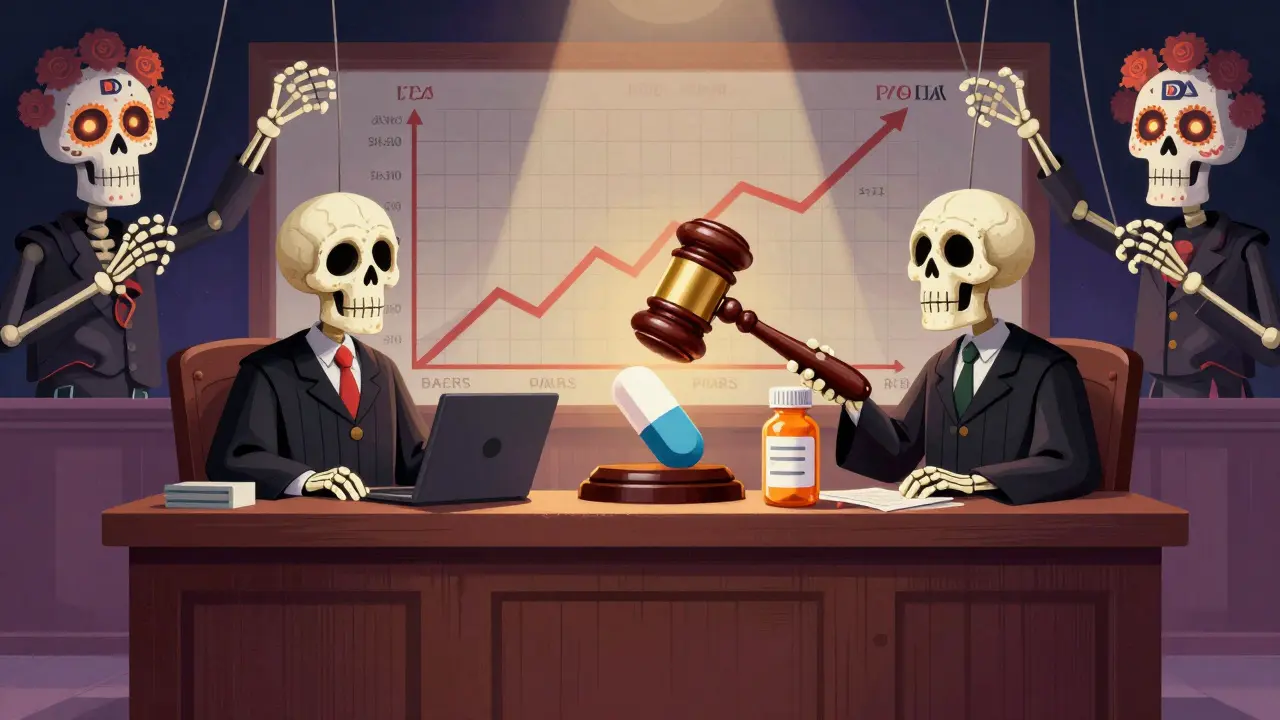 A courtroom with a pharmacy counter bench, where skeletons argue over drug pricing, controlled by skeletal hands above.