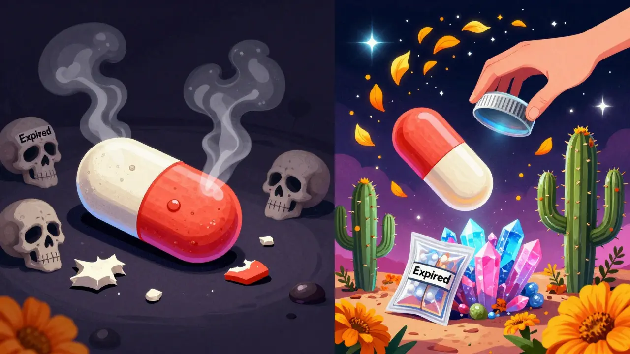 A crumbling pill on the left contrasts with a shielded, glowing pill on the right, guarded by silica gel cacti under a starry sky.