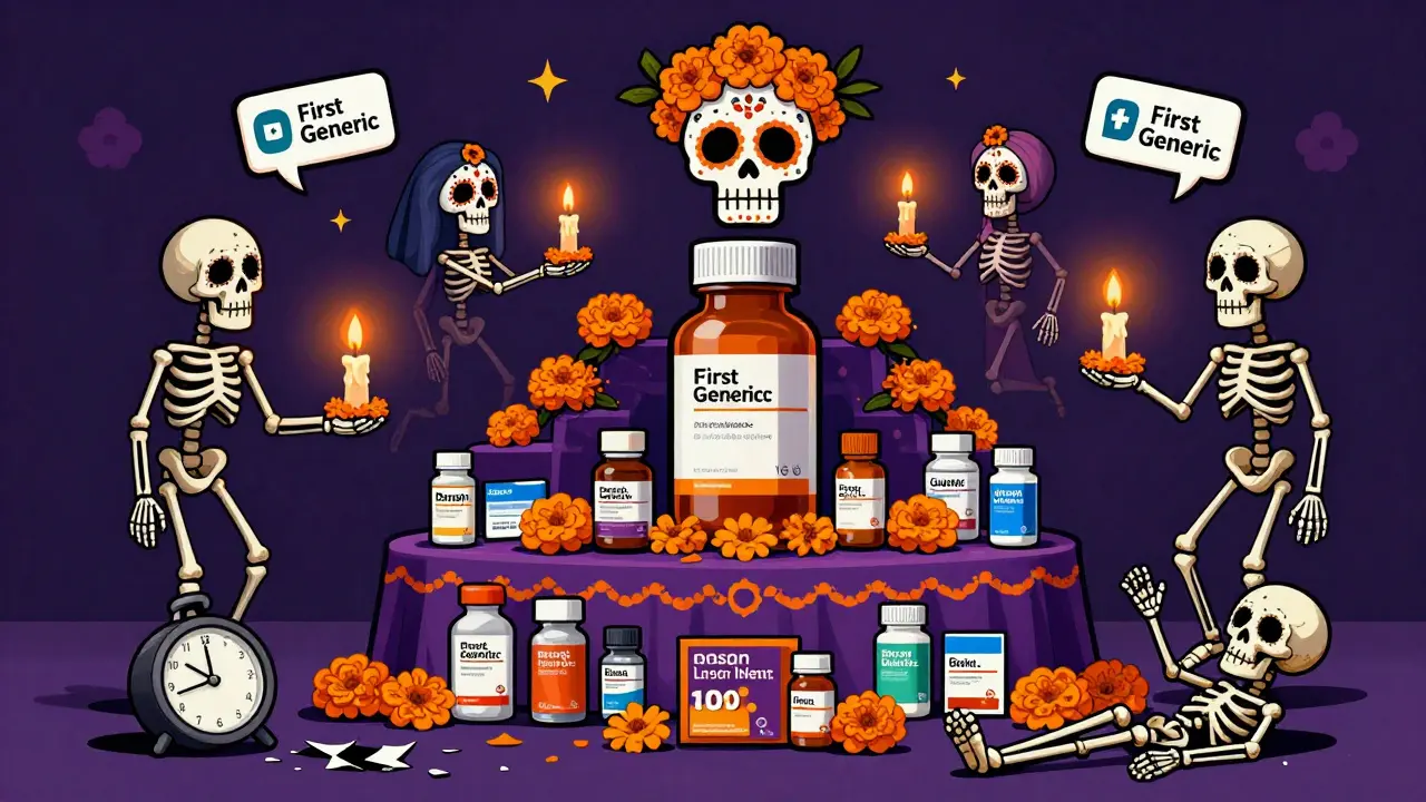 A Day of the Dead altar honoring a brand drug, with patients offering gifts to the authorized generic while the first generic lies discarded.