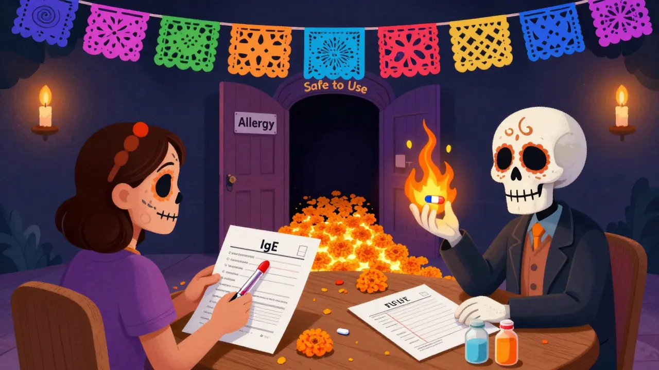 A doctor and patient reviewing medical test results under colorful papel picado, with glowing paths showing allergy vs. safety.
