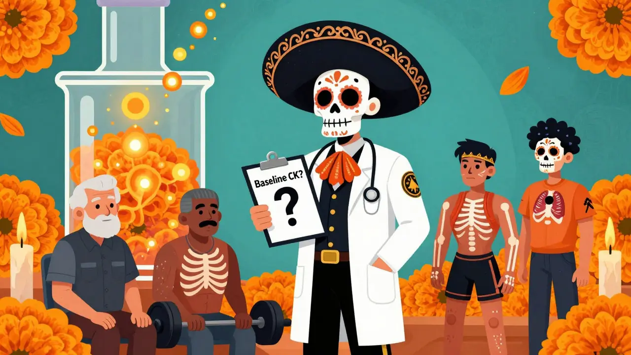 A doctor holds a clipboard with 'Baseline CK?' as diverse patients stand nearby, with glowing enzyme particles shaped like marigolds in the background.