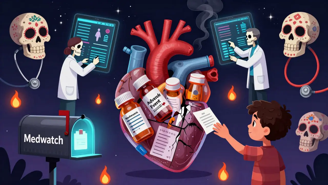 A heart made of prescription bottles leaks dark smoke as a patient submits a report to a glowing MedWatch mailbox.
