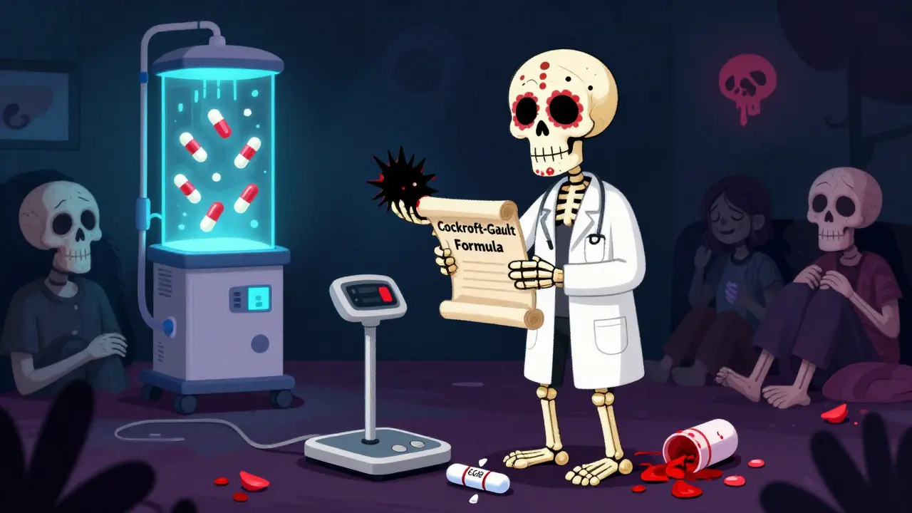 A medical scale balancing clot and bleed risks, with a doctor using Cockcroft-Gault formula while ignoring eGFR, under marigold-lit dialysis machines.