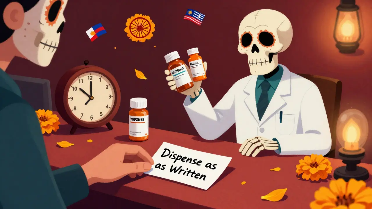 A patient's prescription note 'Dispense as Written' is placed on a counter as a pharmacist hesitates between generic and brand-name pills in a Day of the Dead aesthetic.
