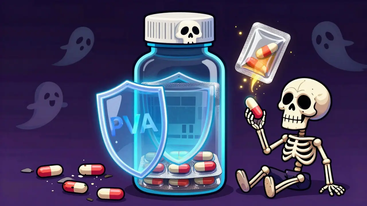 A skull-shaped pill bottle has three protective layers glowing with energy, while a skeleton patient takes a perfect pill, with damaged pills turning into haunted spirits.