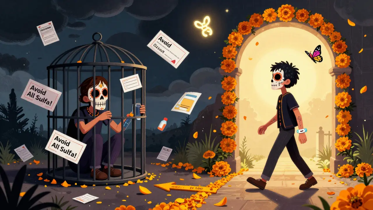 A split scene: one side shows a person trapped by drug warning labels, the other walks freely past separated, peaceful medication labels.