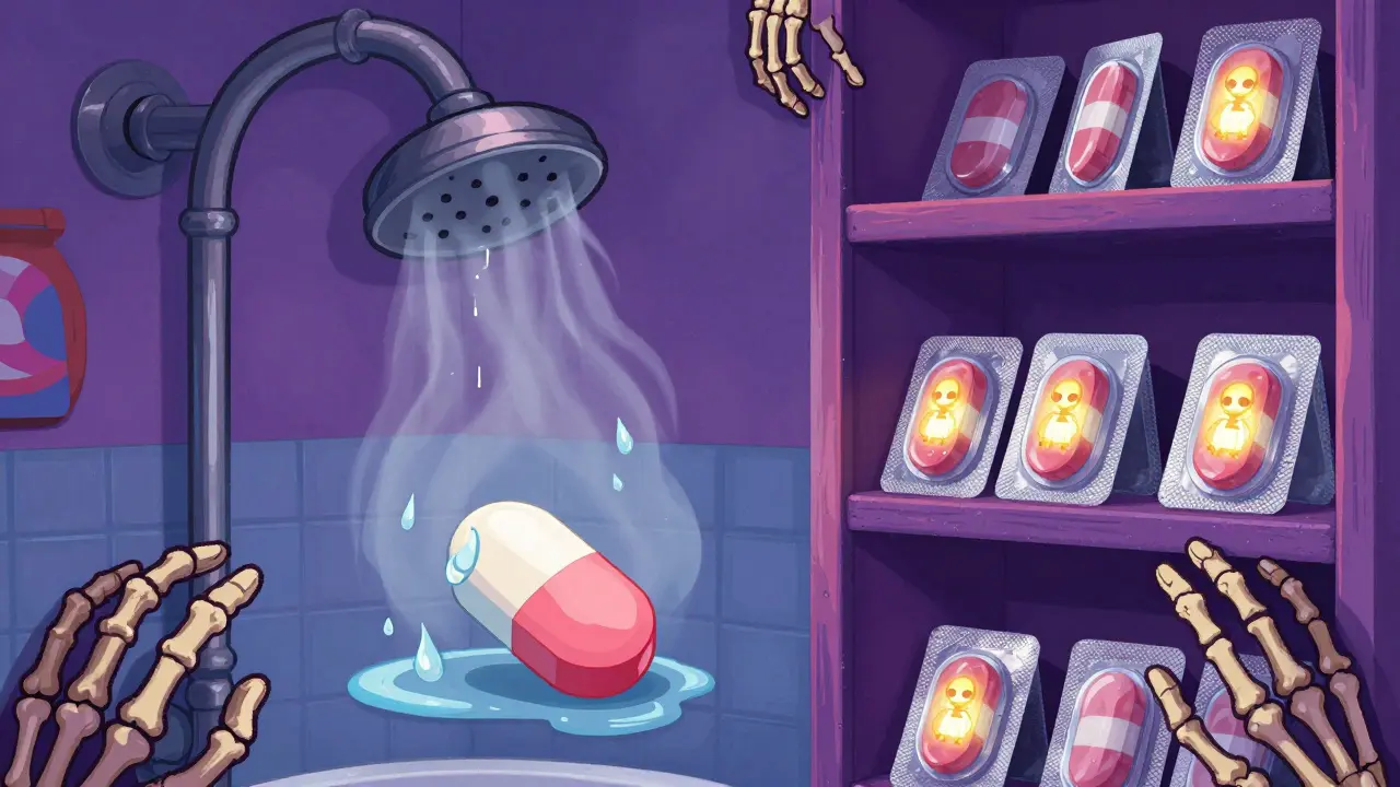 A steamy bathroom causes an aspirin tablet to dissolve into vinegar vapors, while safe pills rest in foil packs with skeletal protectors in a dry closet.