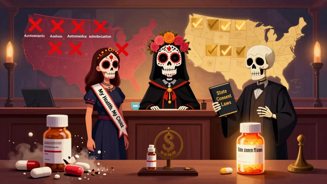A symbolic courtroom where a patient defends their right to brand-name medication, surrounded by state law icons in a vibrant Day of the Dead illustration.