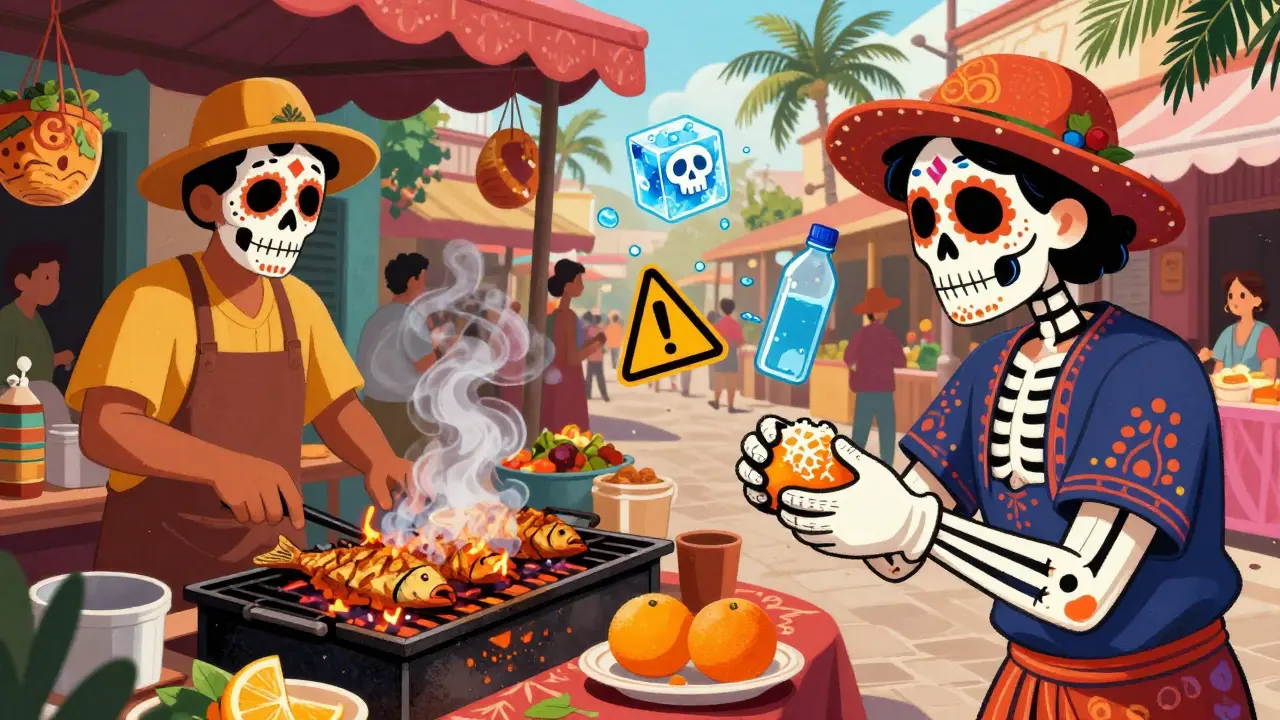 A traveler peels an orange at a tropical market while warning icons float nearby — ice cubes with skulls, uncooked food, and open water bottles.
