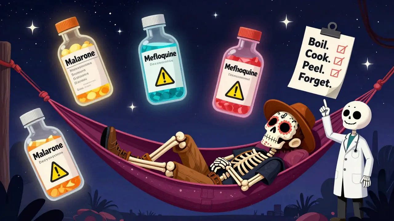 A traveler rests in a hammock as four glowing malaria pills float around them, each with skeletal designs representing side effects, under a starry night sky.