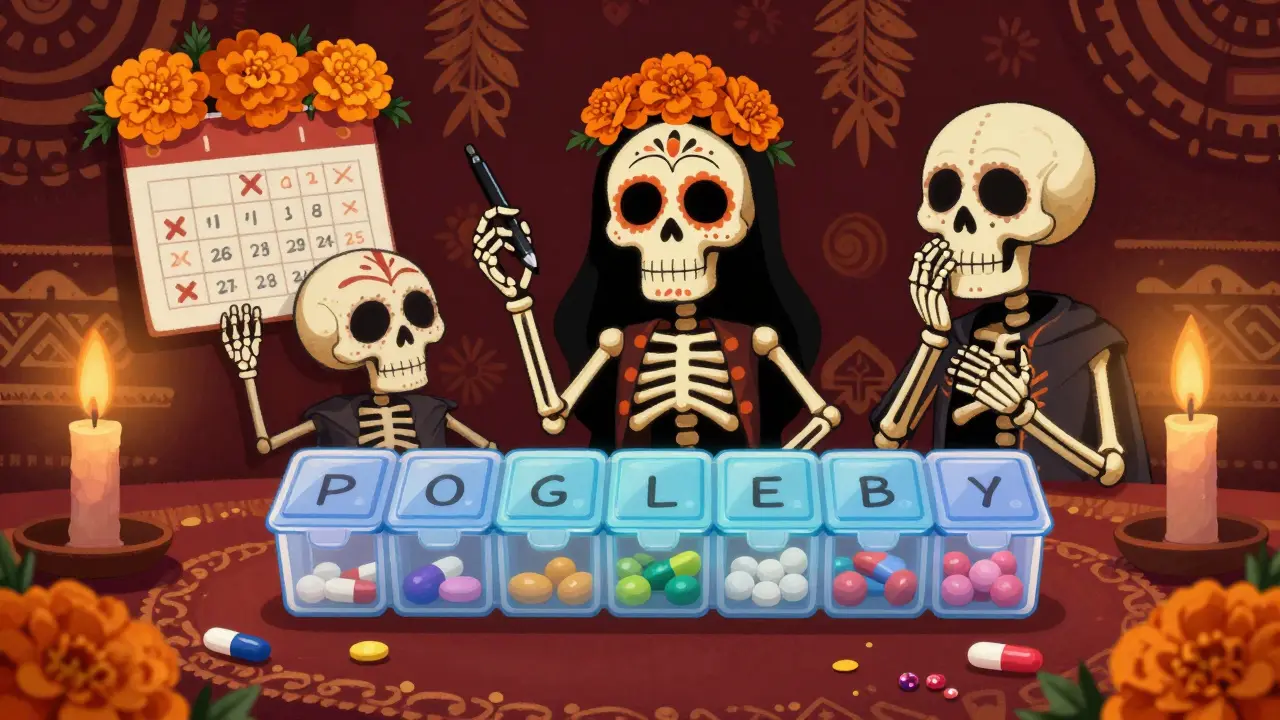 A weekly pill organizer with labeled compartments, surrounded by skeletal figures and a marked calendar, glowing softly in candlelight.