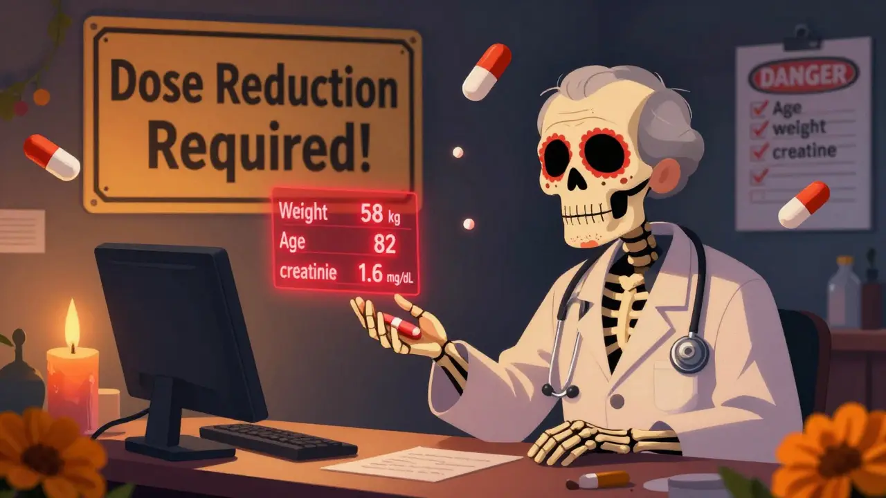 An elderly skeleton receiving a reduced-dose apixaban pill from a pharmacist, with vital stats glowing red and warning signs in background.