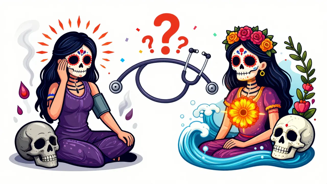 Balanced scale comparing high-risk factors with safe IUD option, illustrated in vibrant Day of the Dead aesthetic.