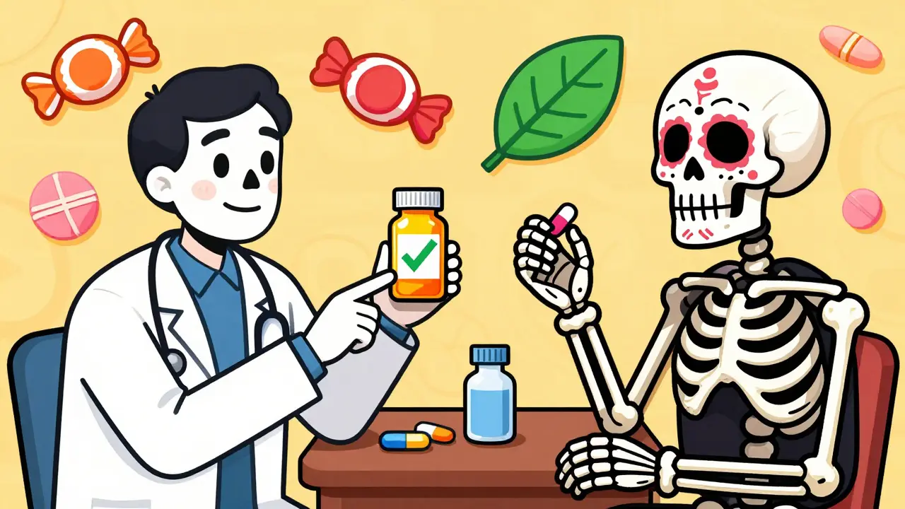 Doctor and patient discussing safer pain alternatives with warning symbols