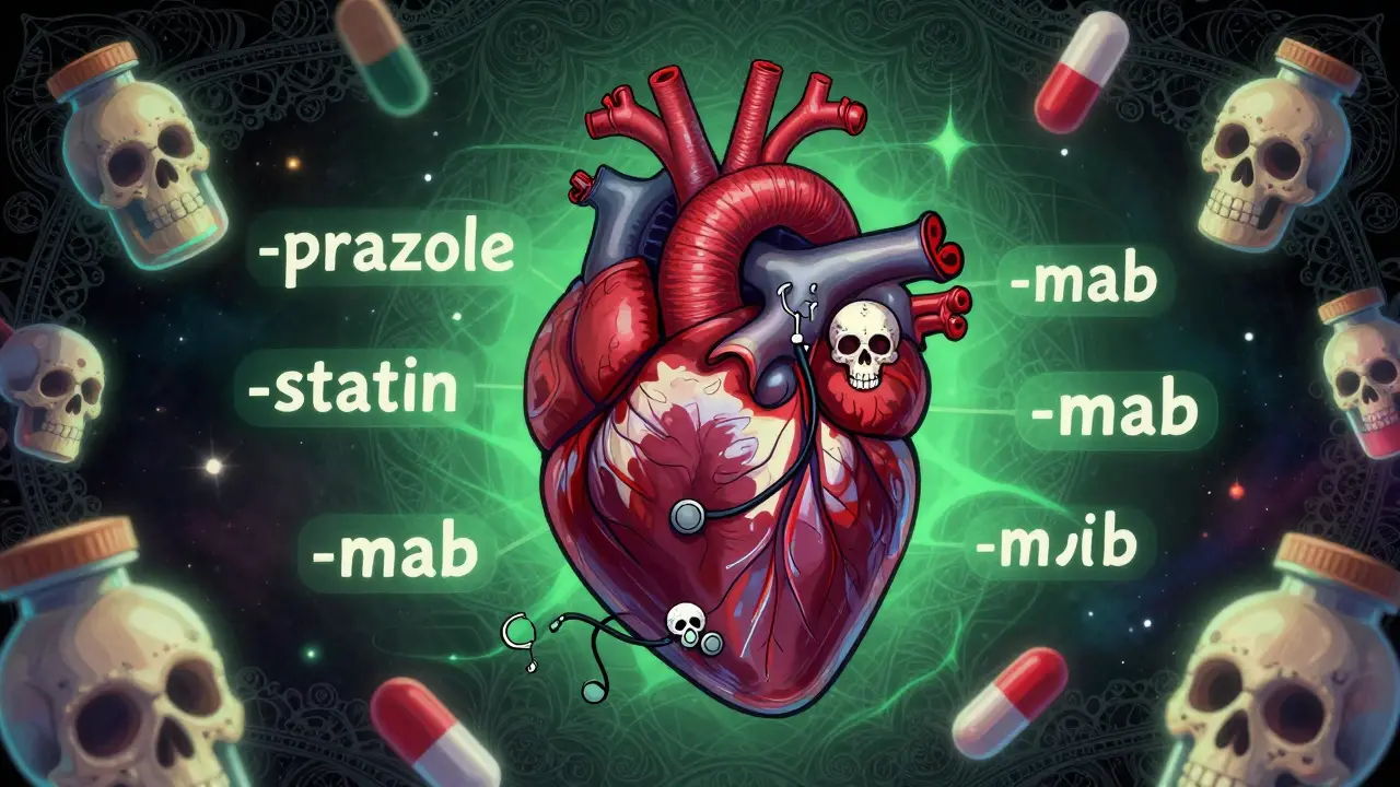 Floating drug name stems like -prazole and -mab around a glowing heart, with skull stethoscopes in a cosmic pharmacy scene.