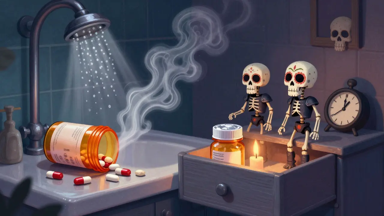 Moisture ghosts reach for an open pill bottle in a steamy bathroom, while a protected bottle glows safely in a drawer with candlelight.