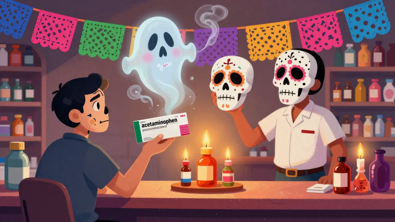 Patient and pharmacist confused over acetaminophen vs paracetamol, with ghostly brand names fading into smoke.