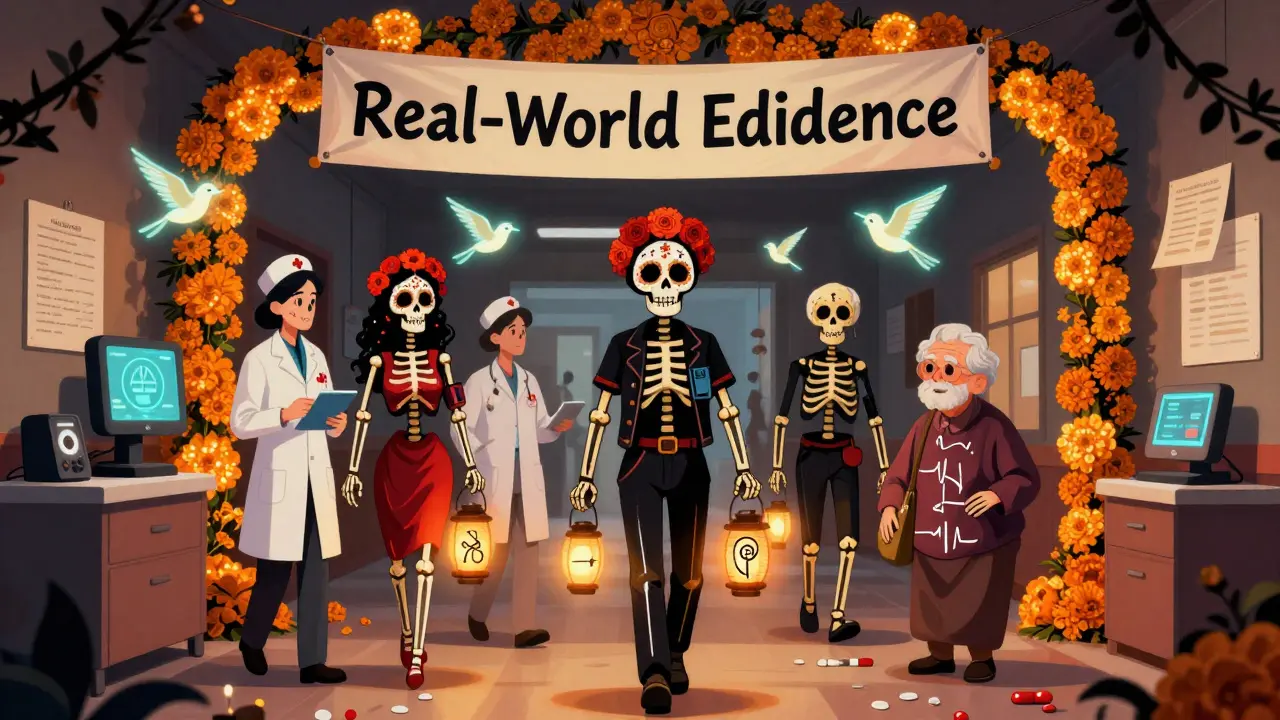 Skeletons of healthcare workers and patients walk together in a hospital hallway, guided by glowing AI hummingbirds and marigold arches.