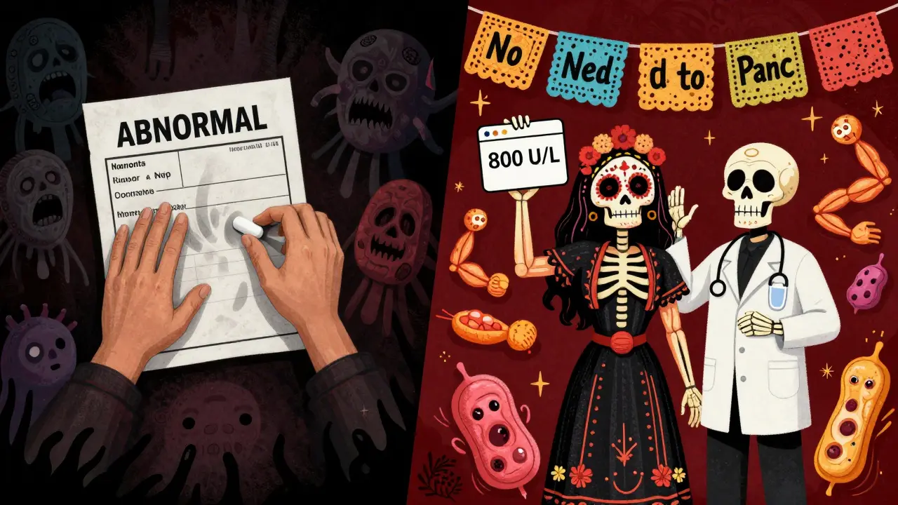 Split scene: left shows fear over abnormal lab results, right shows calm with personal CK number, all in vibrant Day of the Dead artistic style.