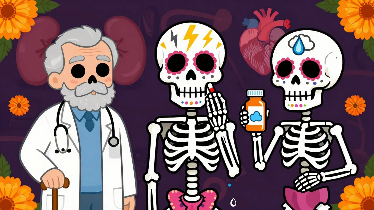 Three skeletons: elderly, seizure-risk, antidepressant interaction with medical symbols