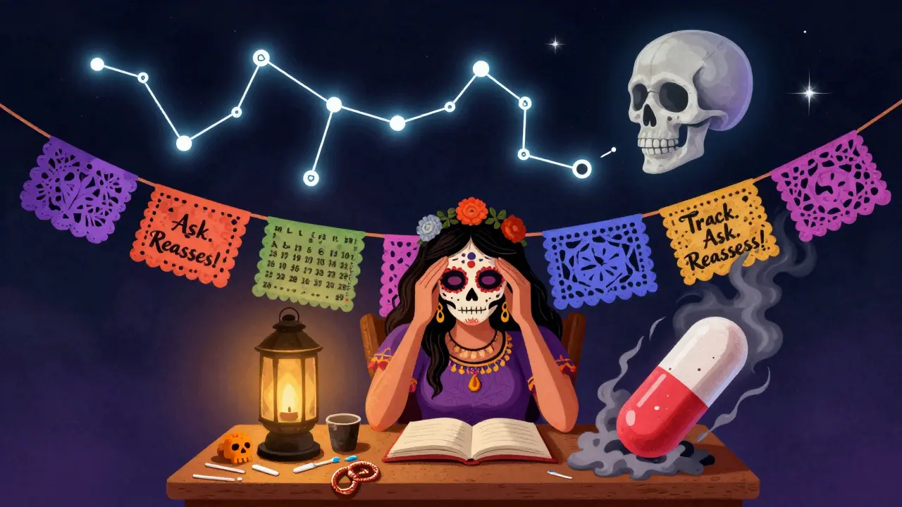Woman journaling migraines under an altar of contraceptive options, with a dissolving estrogen pill in Day of the Dead style.