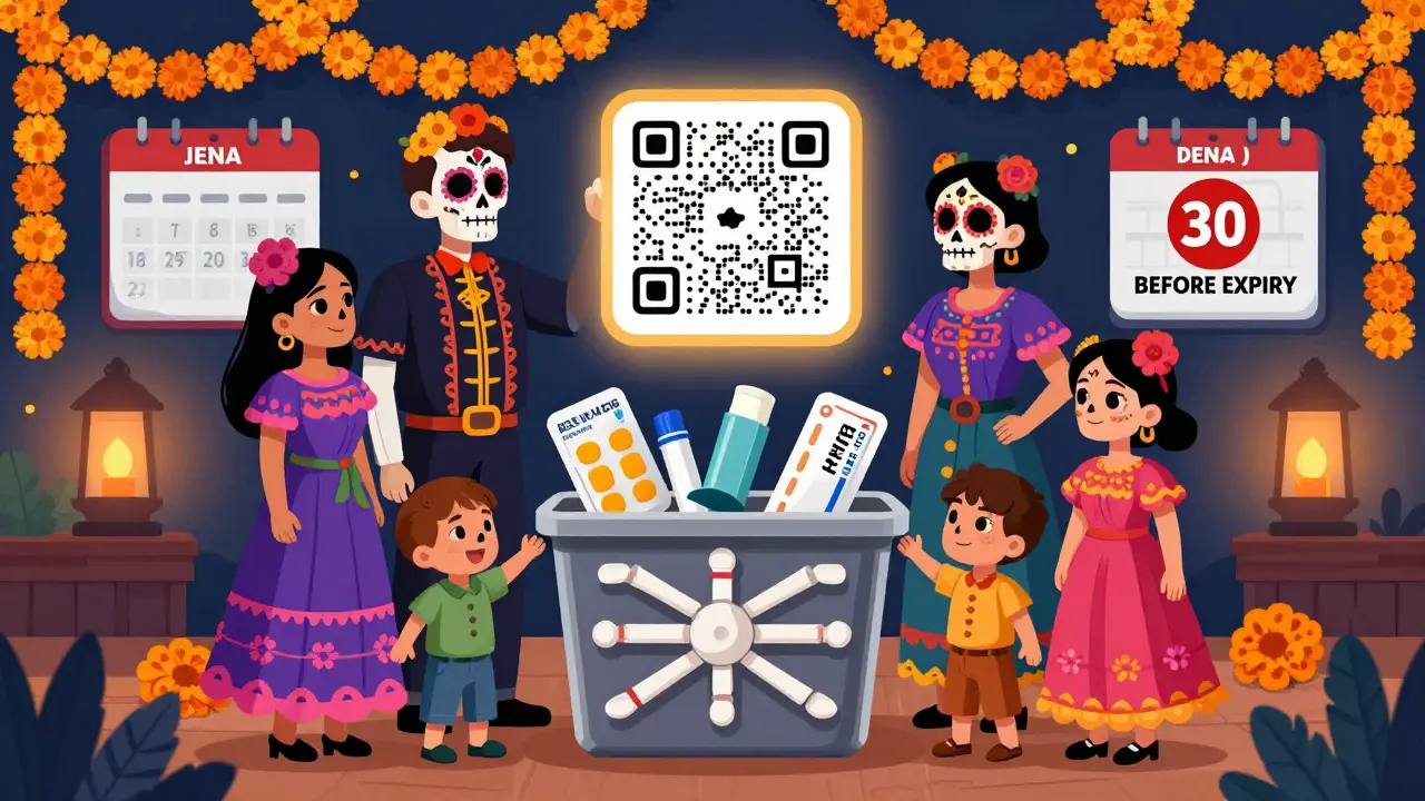 A family stores expired medications in a skeletal-shaped sharps container under a glowing QR code map.